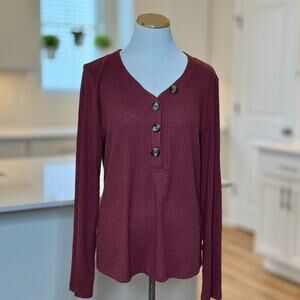 Maurices | Burgundy Mauve Ribbed Knit Button Henley Top